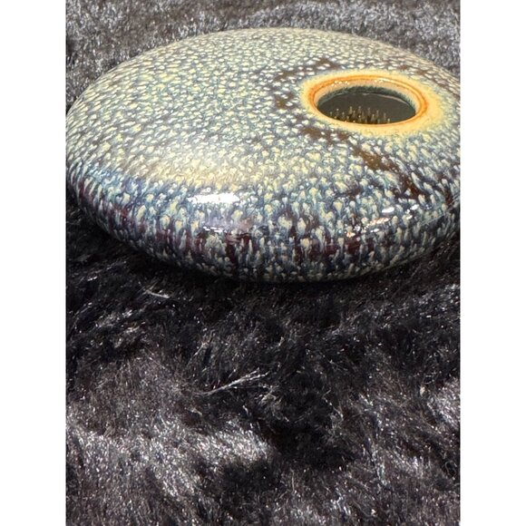 Ceramic Ikebana Vase With Blue Speckled Glaze & Built-In Needle Frog Signed - Picture 7 of 9